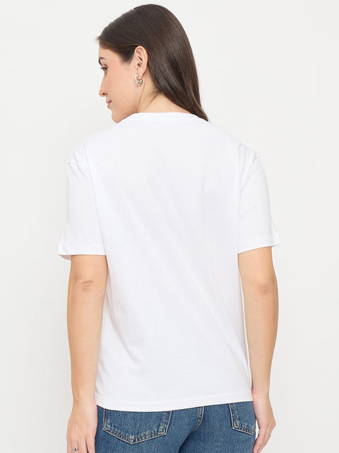 Madame White Graphic Print Cotton Round Neck T-Shirt