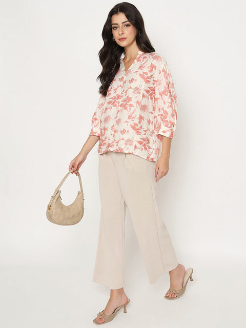 Madame Botanical Print Coral Rayon Blend Top