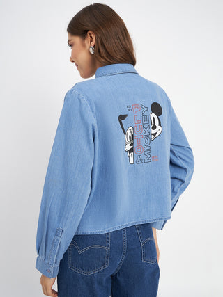 Madame Typography Print Collared Cotton Blue Shirt