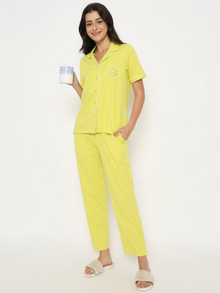 mSECRET Embossed Top and Bottom Lime Yellow Cotton Night Suit