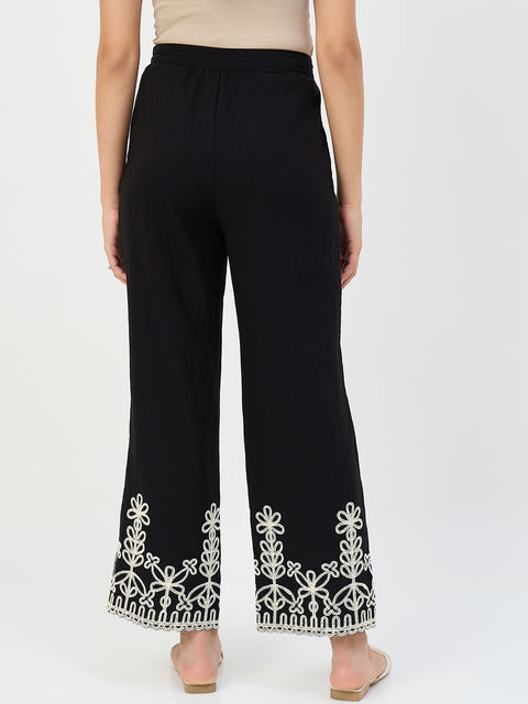 Madame Black Embroidered Cotton-Blend Trousers