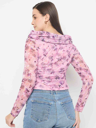 Madame Floral Print Off Shoulder Pink Mesh Top