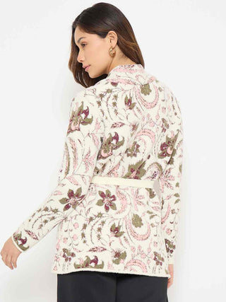 Madame Printed Beige Shrug with Belt