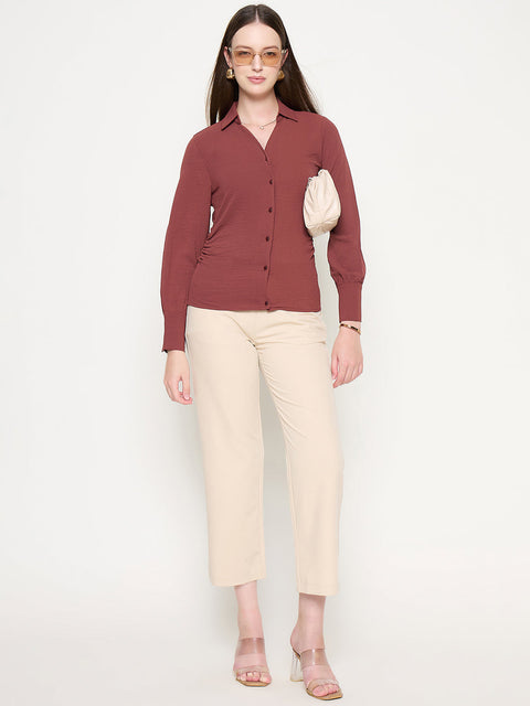 Madame Button Down Wing Necked Side Ruched Solid Brown Shirt