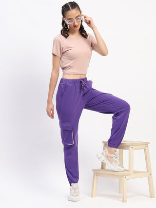 Madame Purple Cotton Joggers with Elastic Waist and Flap Pockets