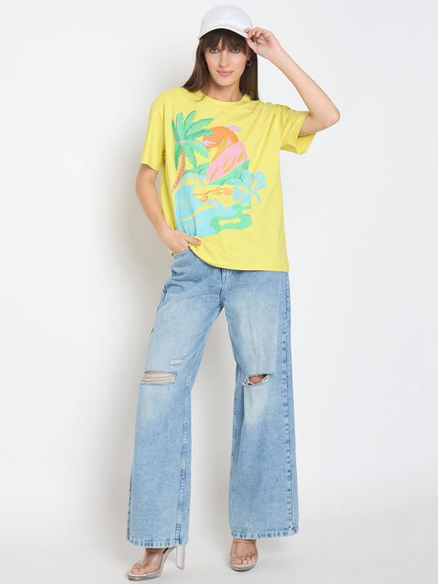 Madame Swarovski Detail Graphic Print Lemon Yellow Sinker T-shirt
