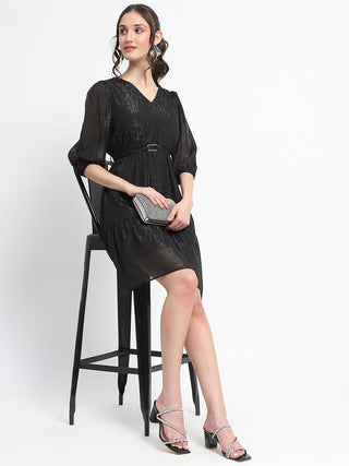 Madame Shimmery Tiered Belted Waist Black Midi Dress