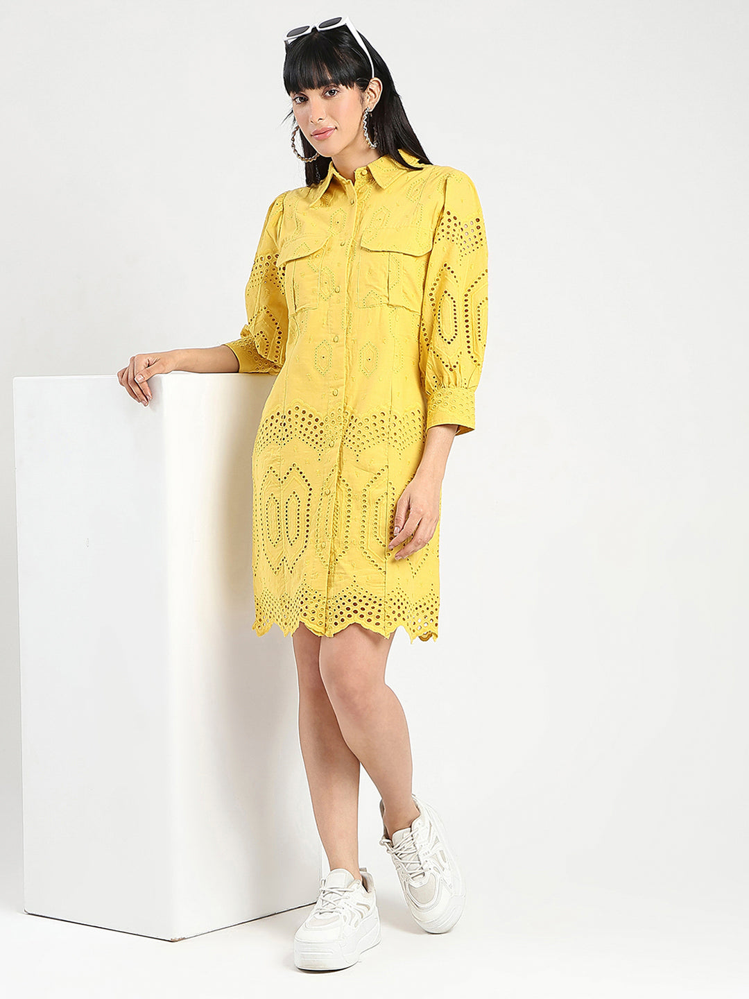 yellow shirt dress Madame Schiffli Mustard Yellow Midi Shirt Dress