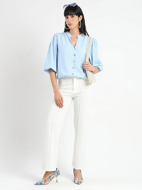 Madame Textured Ruffle Neck Rayon Blend Blue Top