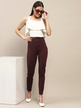 Madame Pleated Solid Wine Red Rayon Blend Jeggings