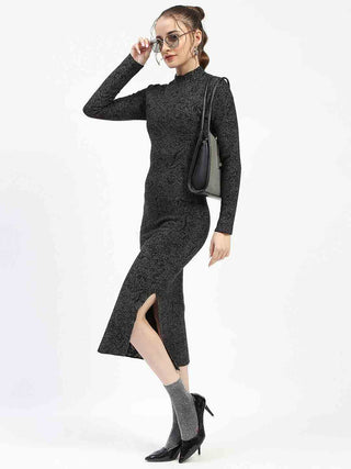 Madame Black Textured Bodycon Dress with Long Sleeves Sweater