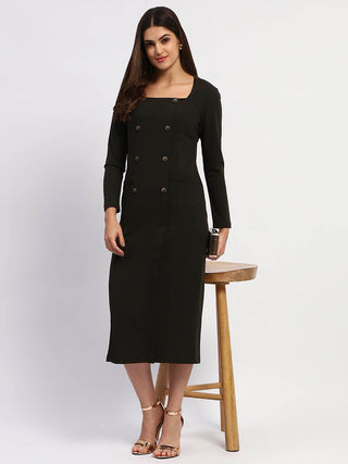 Madame Olive Green Double-Breasted Detailing Long Dress
