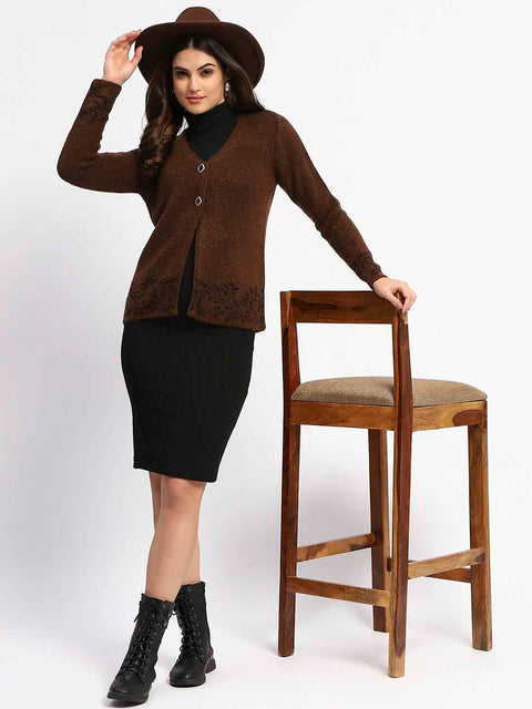 Madame Cable Knit Botanical Print Buttoned Brown Cardigan