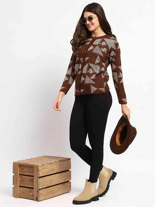 Madame Crew Neck Geometric Print Brown Cardigan