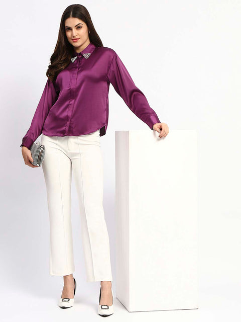 Madame Embellished Collar Cuff Sleeve Solid Purple Shirt