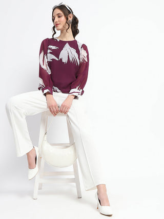 Madame Botanical Print Round Neck Plum Top