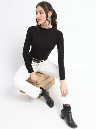 Madame High Neck Full Sleeve Solid Black Top