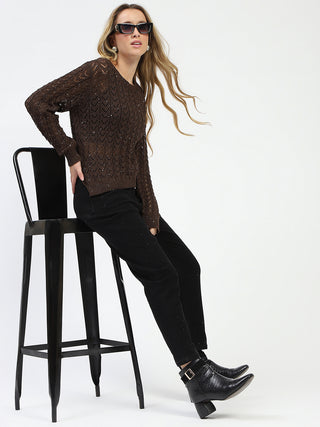 Madame Shimmer Detailed Crochet Crew Neck Knitted Coffee Brown Top