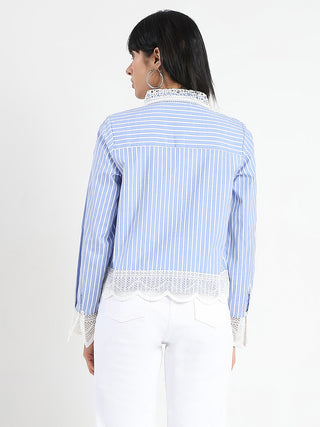 Madame Lace Detailed Cotton Blend Striped Blue Shirt