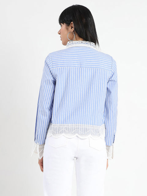 Madame Lace Detailed Cotton Blend Striped Blue Shirt