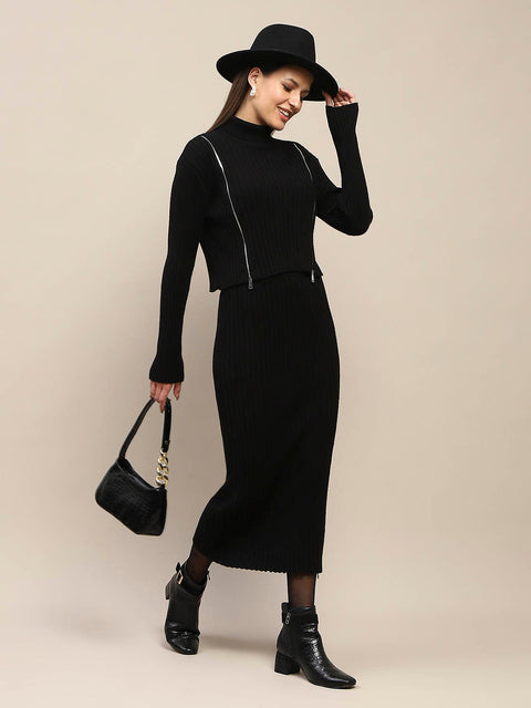 Madame Zip Detailed Top and Skirt Black Co-Ord Set
