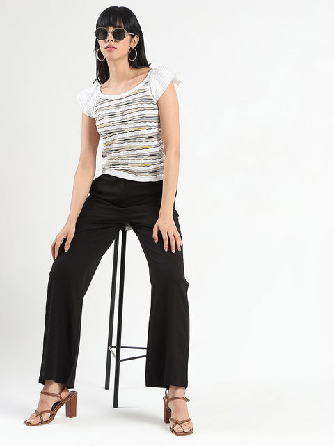 Madame Solid Black Wide Leg Rayon Blend Trousers