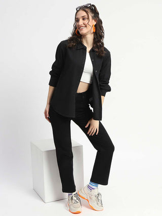 Madame Grey Wash Solid Black Button Down Denim Shirt