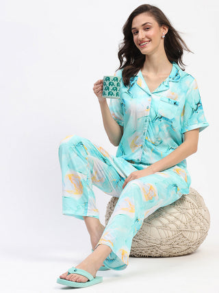 mSECRET Marble Print Button Down Aqua Night Suit