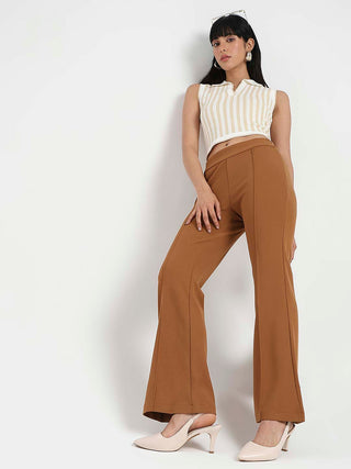 Madame Side Zipper Flared Coffee Brown Knitted Moss Trousers