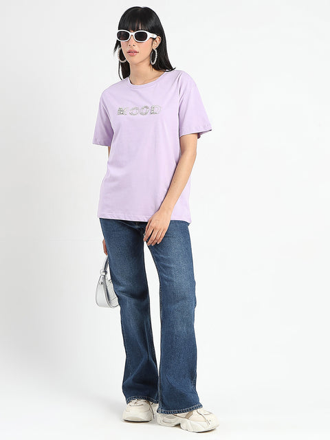 Madame Embellished Typography Lilac Cotton T-Shirt