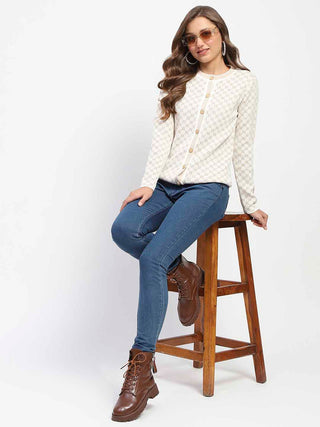 Madame Offwhite Printed Buttoned Cardigan