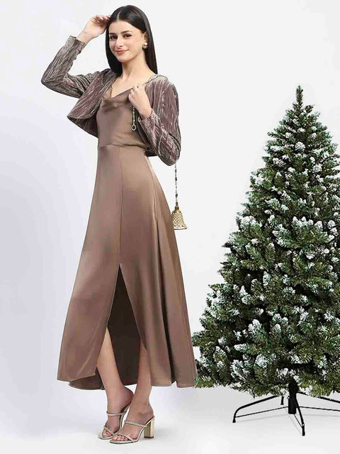 madame winter dresses Buy Madame Women Gold Solid Maxi Dress with Jacket (Set of 2) (S) Online