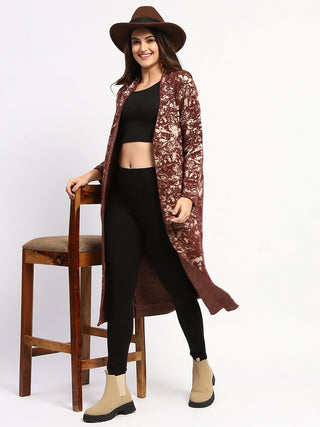 Madame Abstract Print Open Front Chocolate Brown Long Shrug