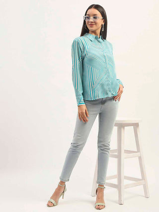 Madame Geometric Striped Aqua Shirt