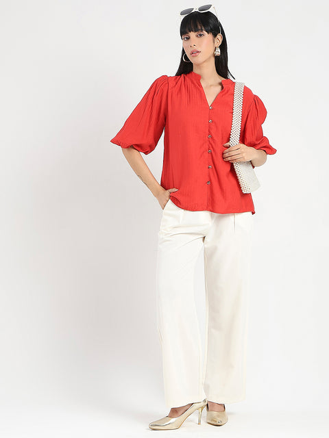 Madame Textured Ruffle Neck Rayon Blend Red Top