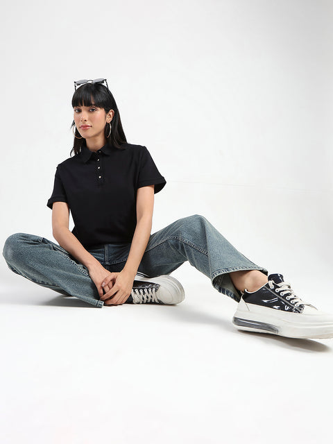 Madame Collared Solid Black Cotton Blend Polo T-Shirt