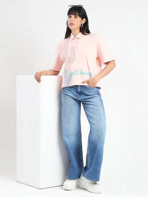 Madame Graphic Print Cotton Blend Peach Polo T-shirt