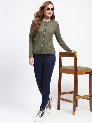 Madame Self-Designed Crew Neck Button Down Olive Green Cardigan