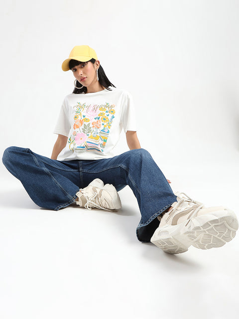 Madame Embroidered and Printed White Cotton T-shirt