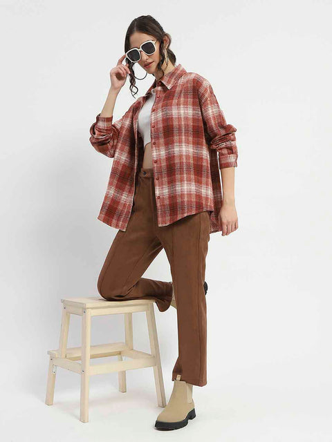 Madame Chequered Long Sleeved Cotton Brown Shirt