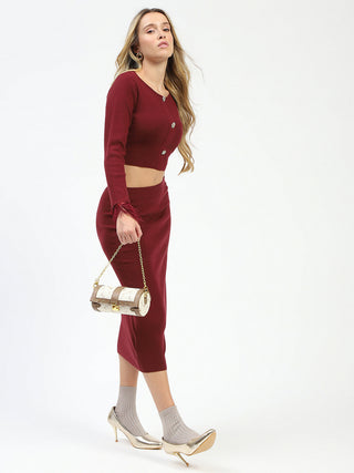 Madame Fur Sleeve Bodycon Wine Red Knit Co-ord Set