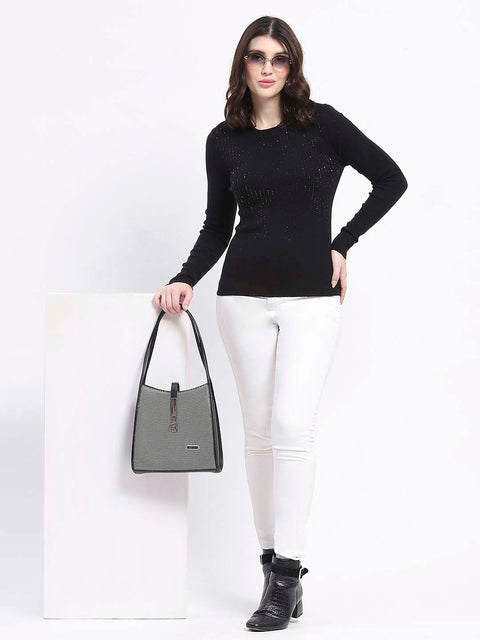 Madame Embellishment Adorned Black Knitted Top