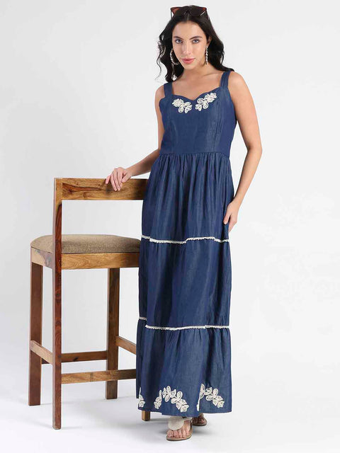 Madame Embroidered Tiered Hem Denim Maxi Dress
