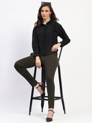 Madame Pleated Solid Olive Straight Trousers