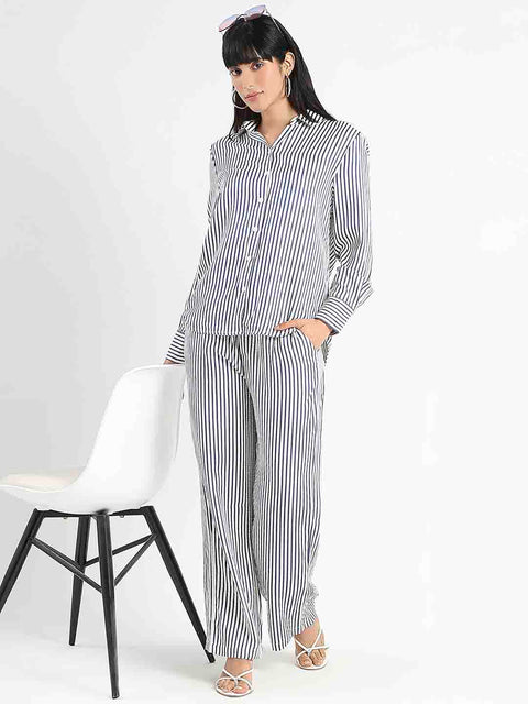 Madame Striped Navy Blue Cotton Blend Shirt
