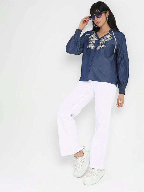 Madame Embroidered Cotton Blend Denim Top