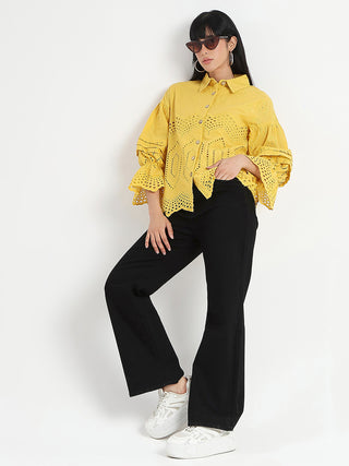 Madame Schiffli Mustard Yellow Cotton Shirt