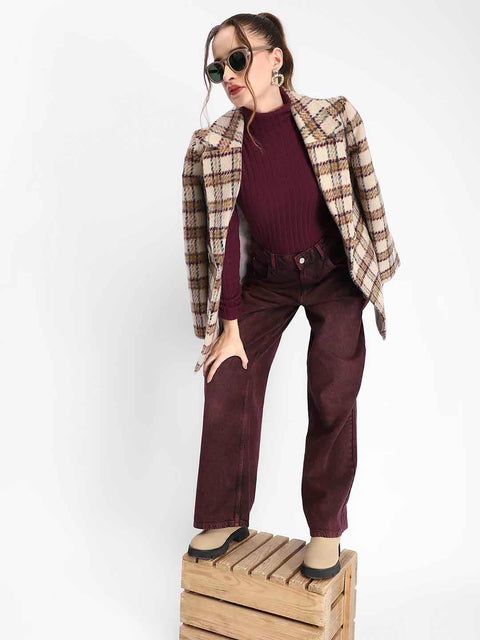 Madame Plaid Lapel Collared Welt Pocketed Beige Coat