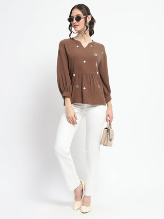 Madame Solid Chocolate Brown Embroidery Detailed Cotton Top