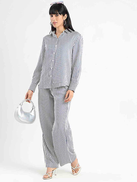 Madame Striped Wide Leg Viscose Blend Navy Blue Trousers